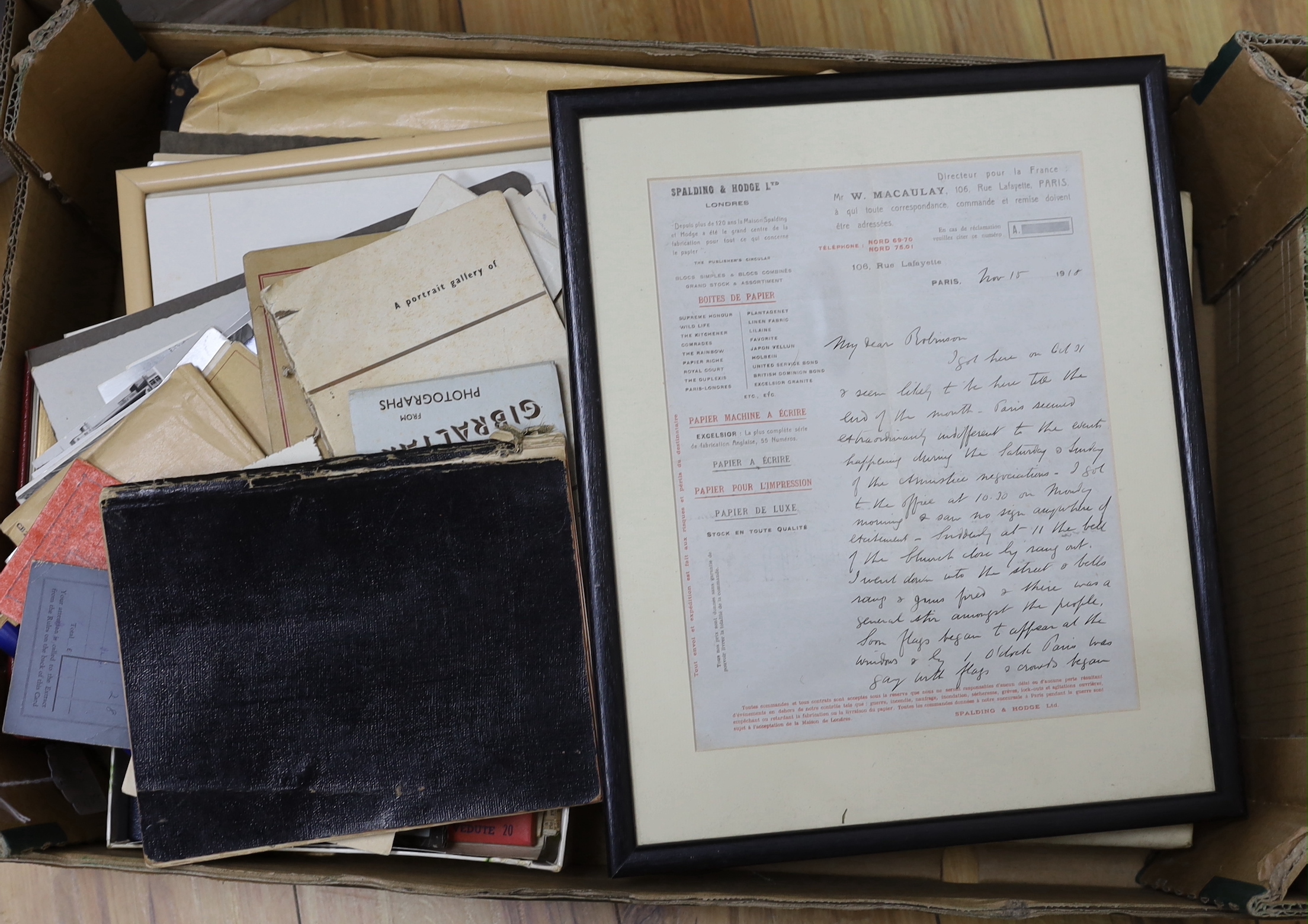 Memorabilia to include a framed letter from Sydney Spalding in Paris at the 2nd world War armistice negotiations / signing, postcard albums, photographs, etc.